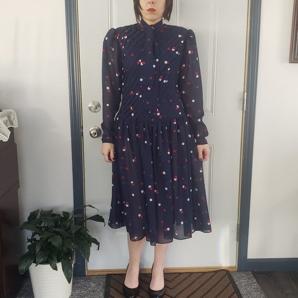 80s Blue Polka‎ Dot Drop Waist Dress - Picture 2 of 5